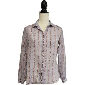 Vintage 70s Purple Floral Semi-Sheer Button Front Top Size M Retro Hippie Boho